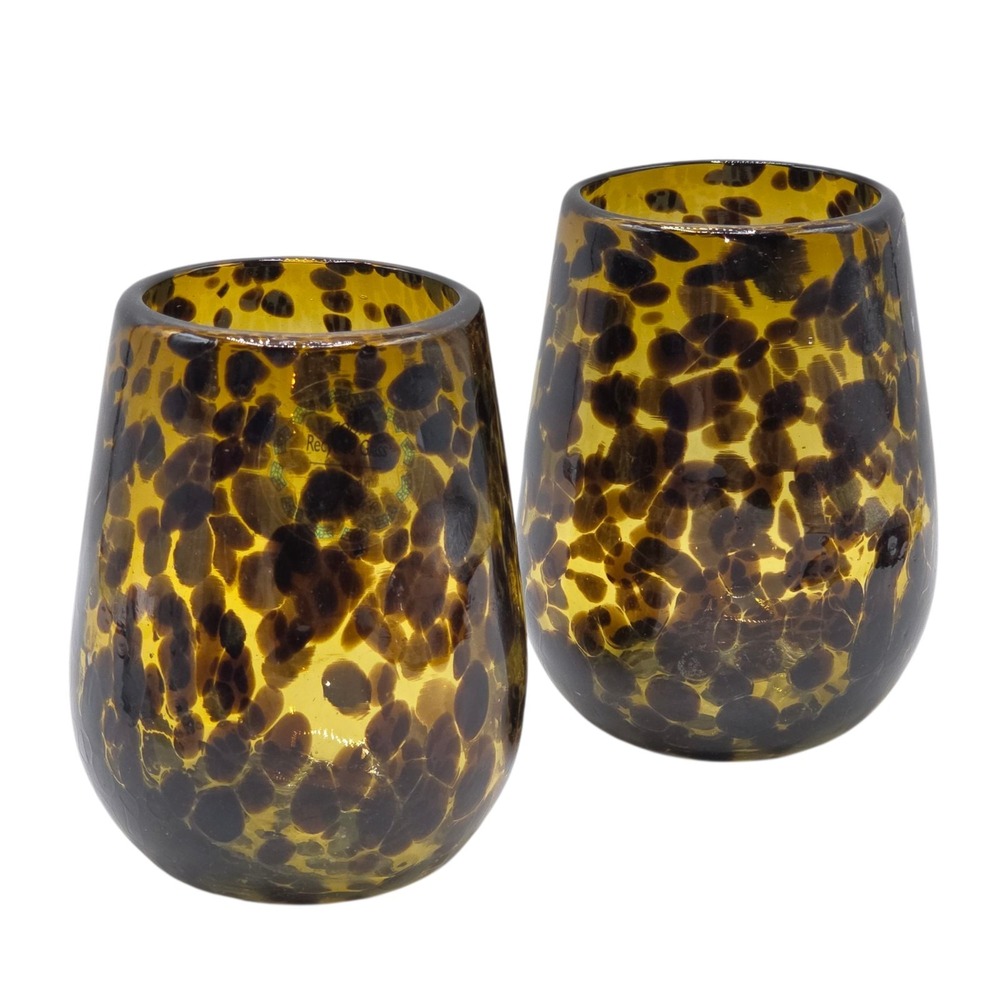 Mexican 2pc Hand Blown Wine Glass Tumbler Set 14oz Amber‎ Animal Print Drinkware